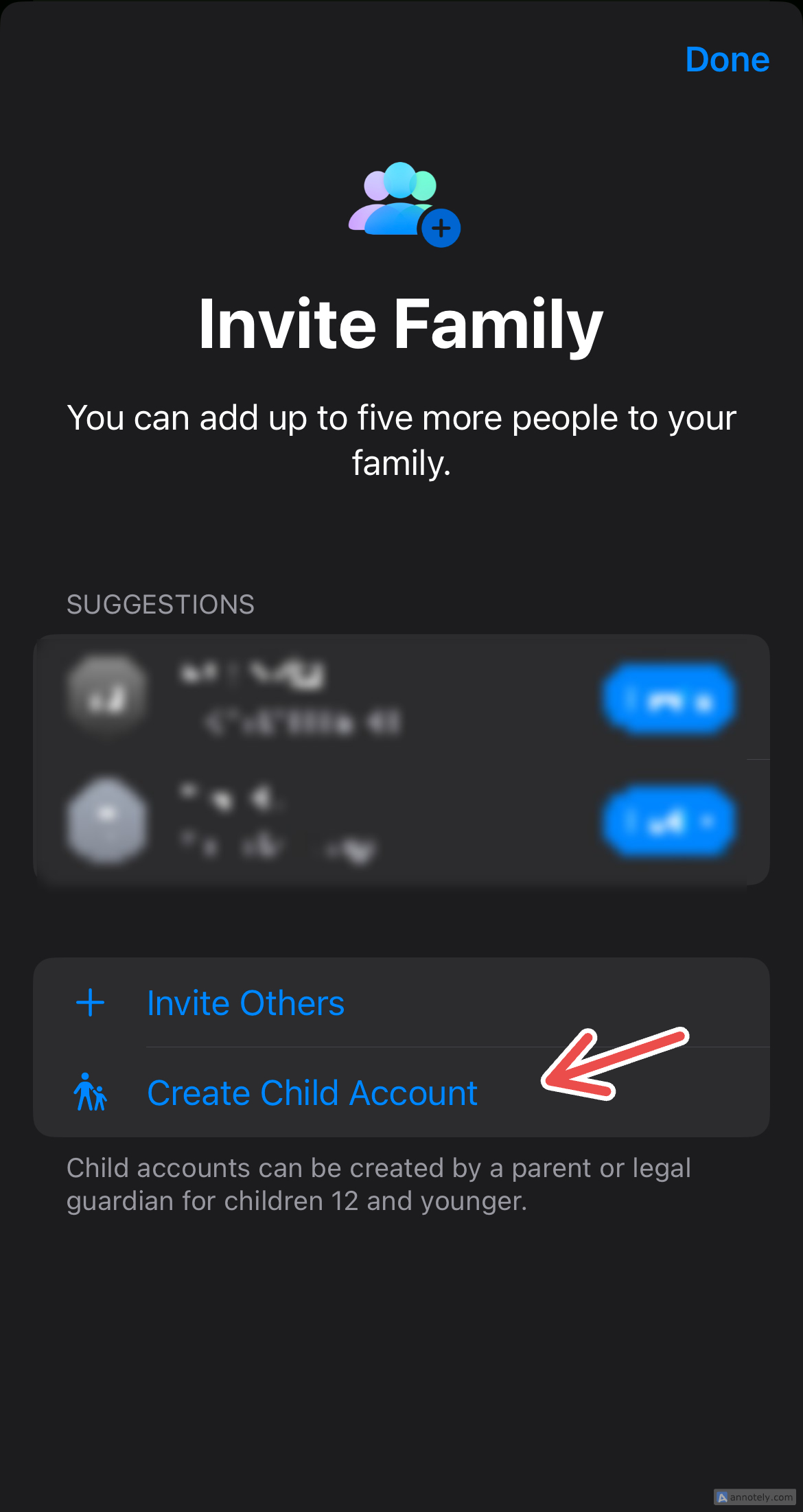 Creating a child account for Family Sharing.