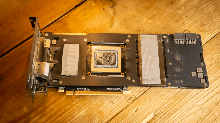 The PCB of a graphics card.