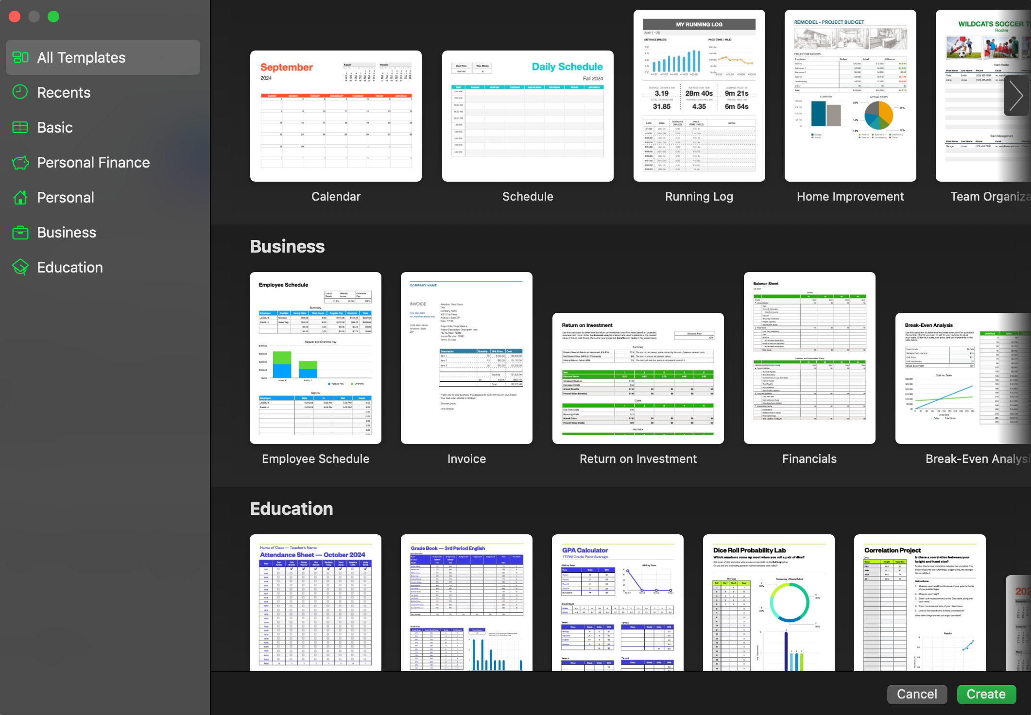 Apple Numbers templates gallery.