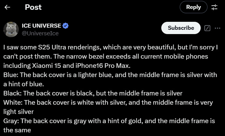 Screenshot of Ice Universe's post on the Galaxy S25 Ultra colors