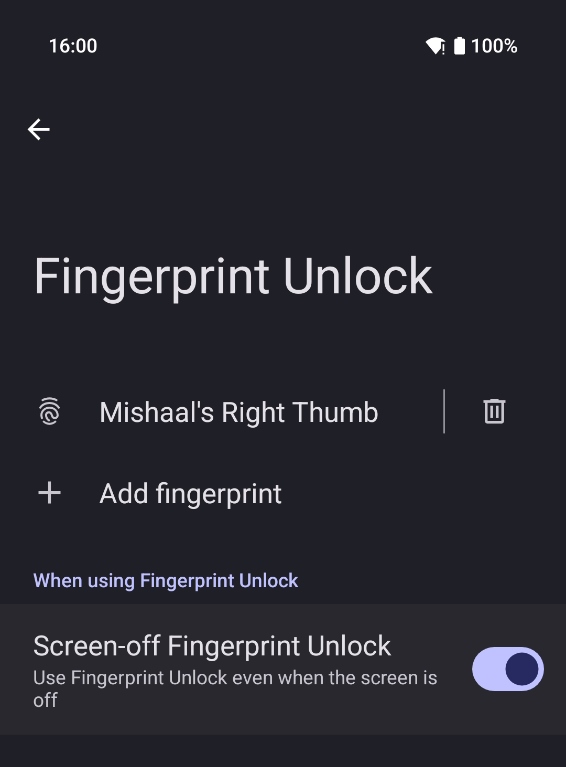 Screen off Fingerprint Unlock toggle