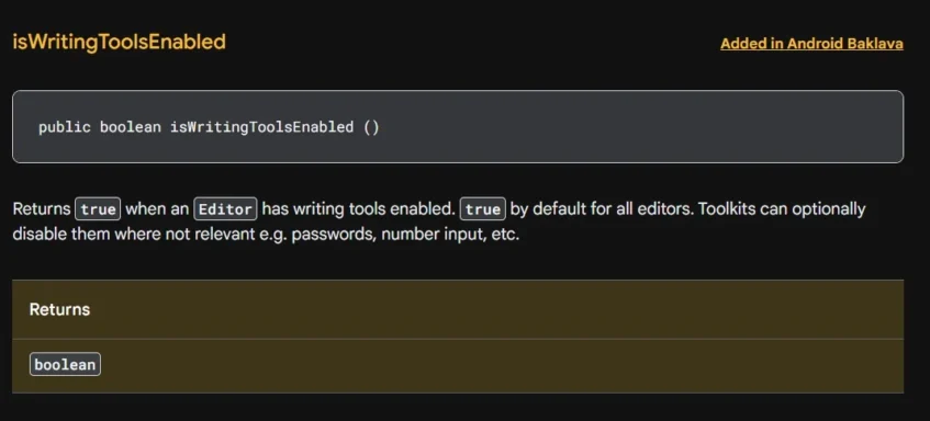 Code snippet showing iswritingtoolsenabled method with Boolean parameter