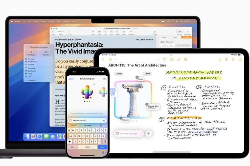 Apple released software updates Wednesday that will integrate ChatGPT with Siri and its new Writing Tools feature on newer devices. "Built into your iPhone, iPad and Mac to help you write, express yourself and get things done effortlessly," Apple said. Image courtesy of Apple