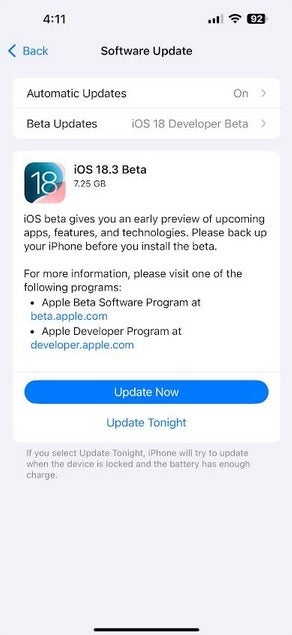 Apple releases iOS 18.3 developer beta 1. | Image credit-PhoneArena - Apple restarts the iOS 18 beta program with the release of iOS 18.3 developer beta 1