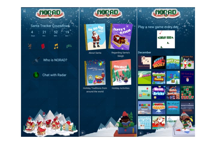 The Norad Santa Tracker app showing a countdown to Christmas, games, and fun for the whole family.