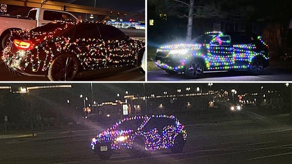 collage of cars with christmas lights