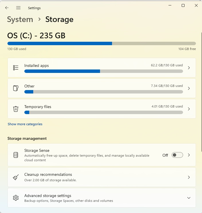 Windows system storage