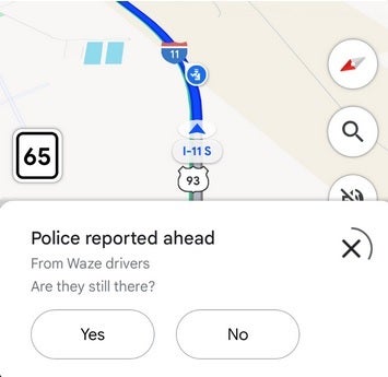 A notification alert sent to Google Maps users based on a Waze incident report.