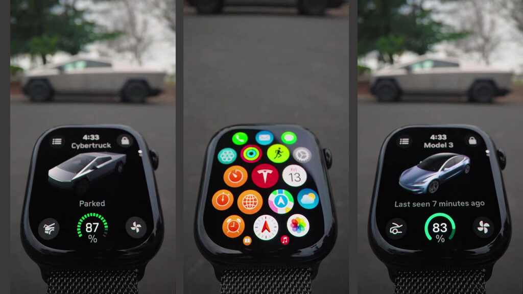 Screenshots of Tesla Apple Watch: UI for the Cybertruck (left), Tesla app icon (center), and Model 3 UI (right).