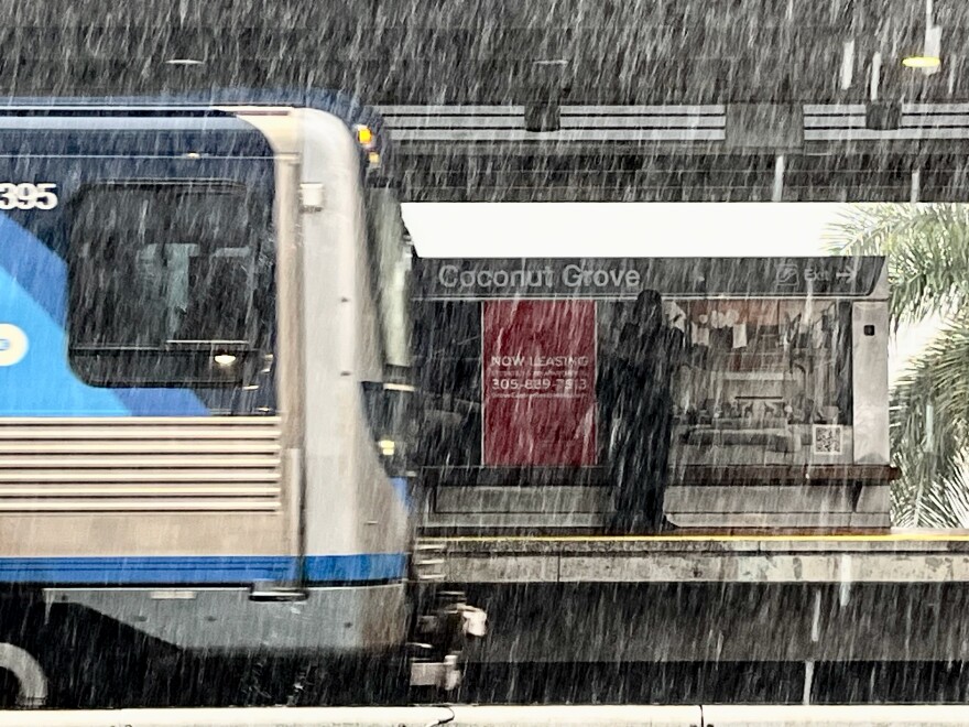 A Metrorail train pulls into the Coconut Grove station during a rain storm.