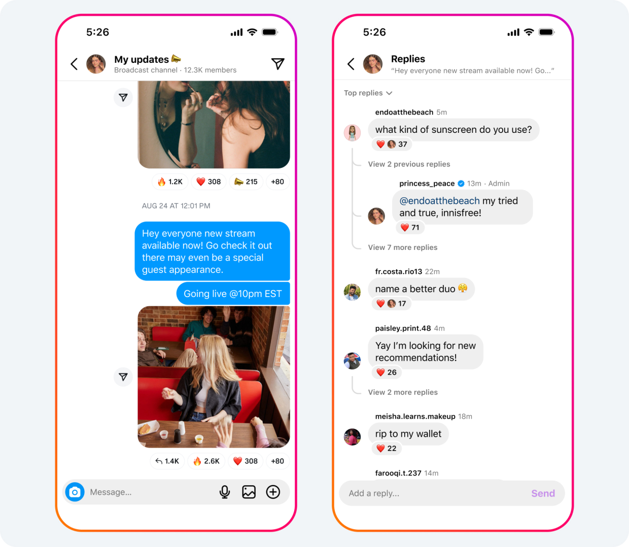 Instagram broadcast channel replies