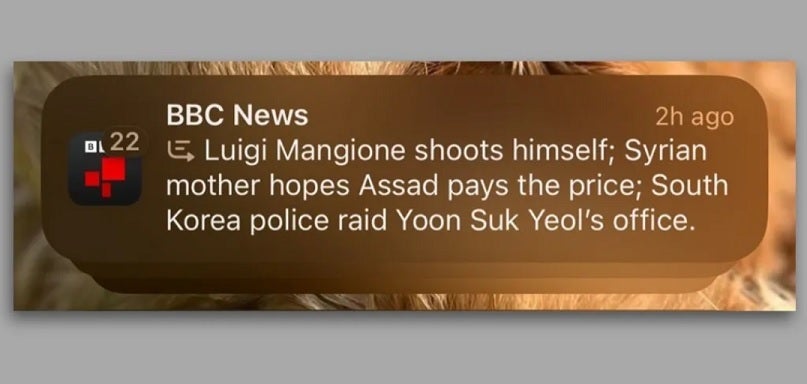 Notification takes BBC story and uses AI to summarize it falsely. | Image credit-BBC - One of Apple's AI features is attacked by the BBC after it disseminates fake news