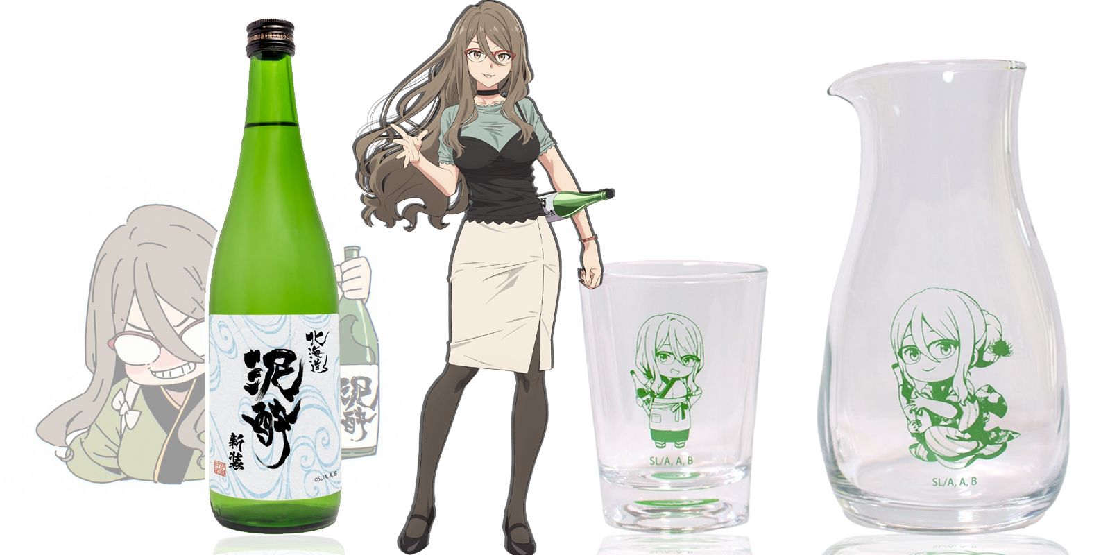 Mizuki from Lycoris Recoil next to branded replica sake and drinking glasses