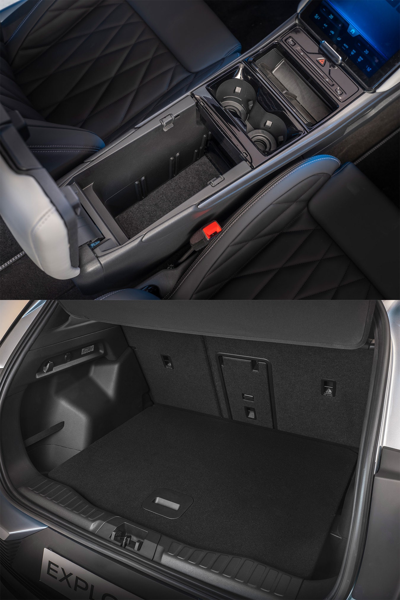 a center console and an empty car trunk