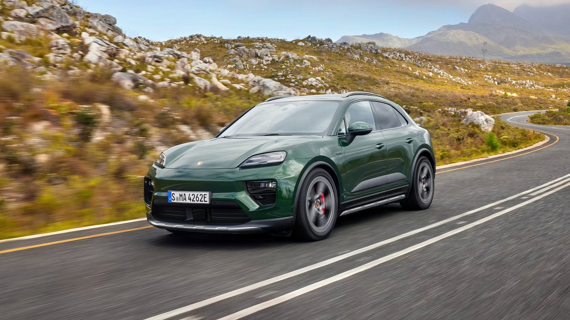 Front three-quarters shot of a Porsche Macan Electric