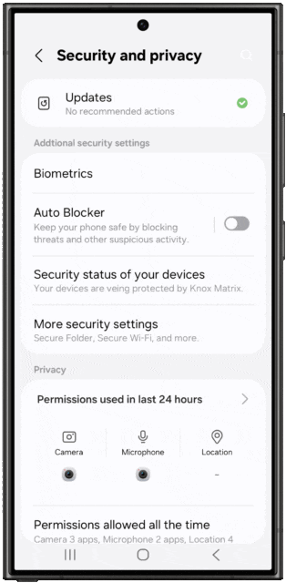 Checking device security status in Knox Matrix settings menu on One UI 7