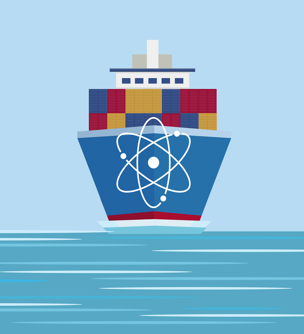 An illustration of a cargo ship on the water with a nuclear icon in the front.  