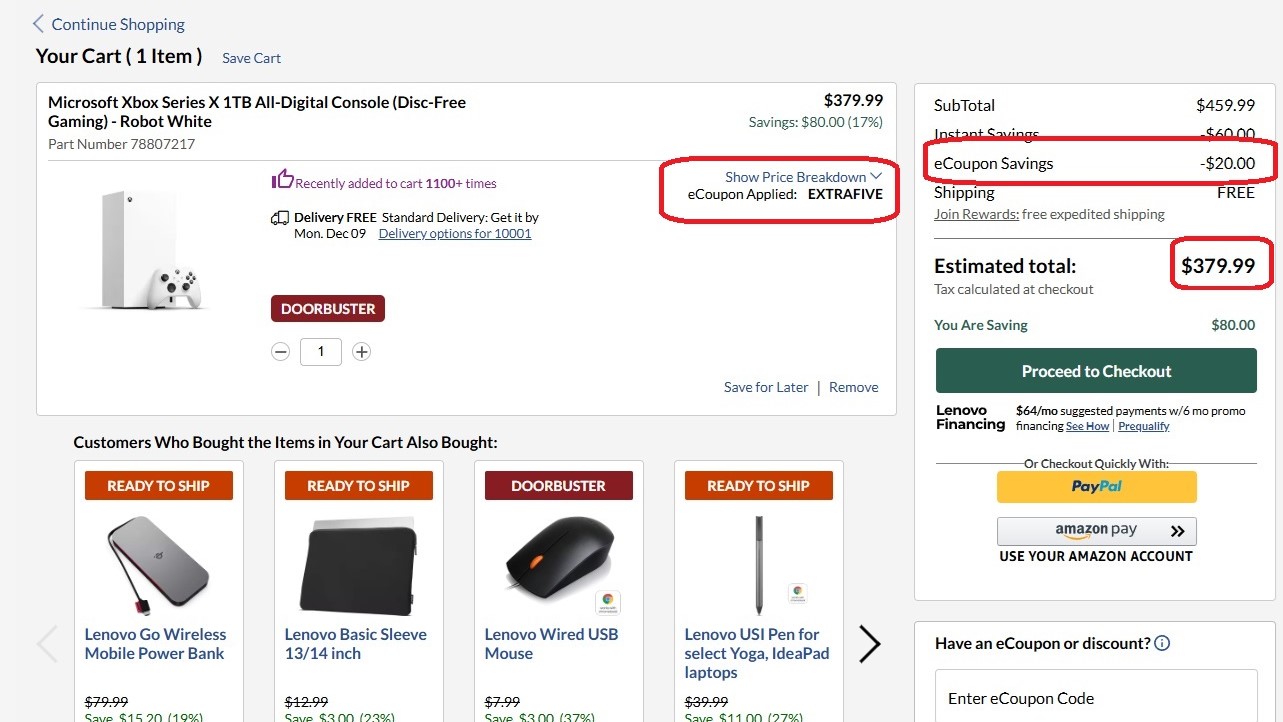 Screenshot of checkout at Lenovo with EXTRAFIVE discount code applied