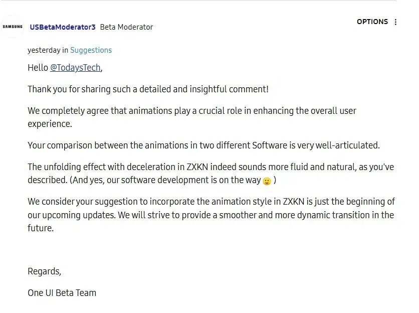 A screen capture of a Samsung dev's comments on the One UI 7 beta animations. 