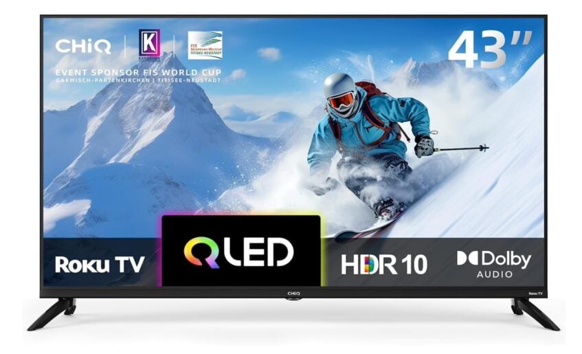 Size 43-inch Roku ChiQ QLED TV with person skiing on the display