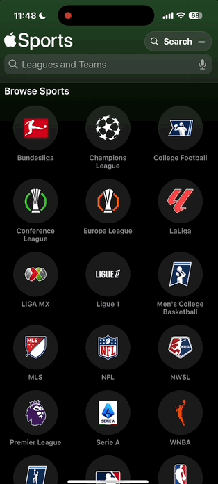 Scrolling through leagues in Apple Sports app.