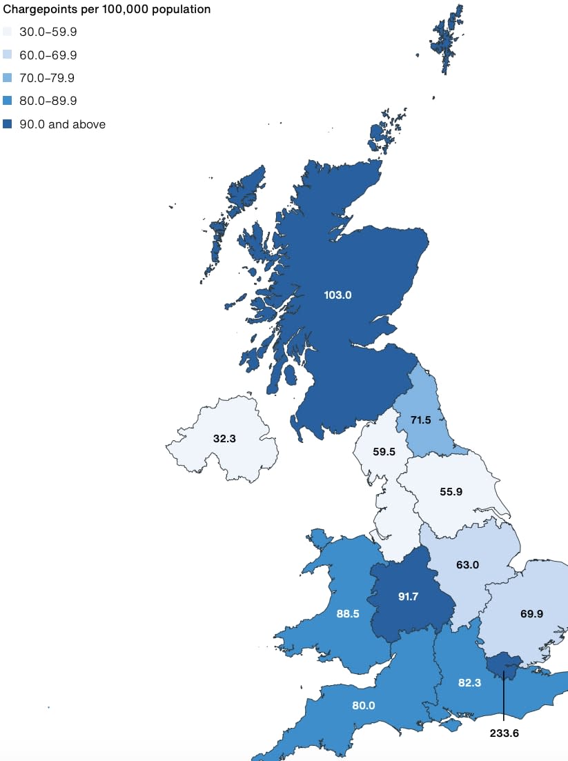 Maps released in the NAO report show the distribution of chargepoints regionally. (NAO)