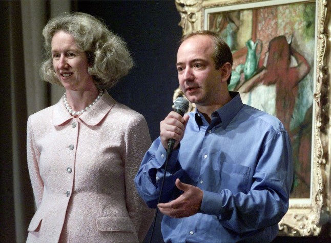 BEZOS BROOKS...SPECIAL TO MAIL ON SUNDAY--FILE--Diana Brooks, left, president and CEO of Sotheby's, and Jeff Bezos, founder and CEO of Amazon.com, Inc., address a news conference at Sotheby's in New York, Wednesday June 16, 1999. Internet superstore Amazon.com is investing about $45 million for a 1.7 percent stake in Sotheby's, and they will cooperate in developing an online auction service that will sell art and collectibles. At right is "Femme a sa Toilette" by Degas. (AP Photo/Richard Drew)...F...SPCL