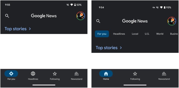 Old look of Google News (left) and the new redesign.