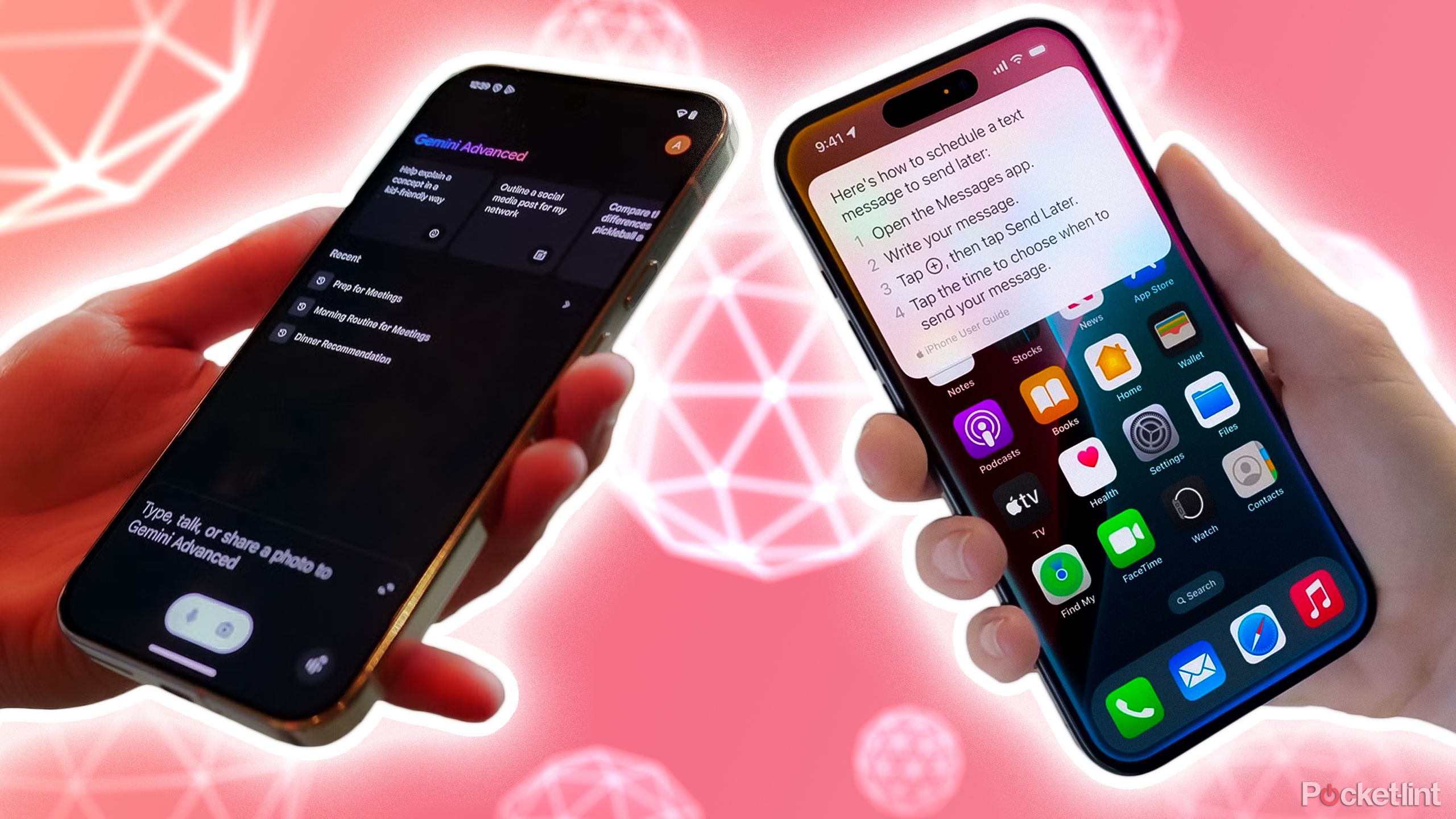 Gemini and Apple Intelligence on two phones side by side. 