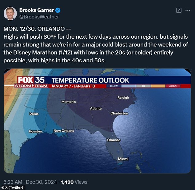 The worst of the downturn could see the annual Disney Marathon on January 12th facing temperatures as low as 20 degrees Fahrenheit, with highs in the 40s and 50