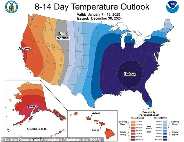 The arctic blast could even mean snow for Orlando, which would be the first time the area saw flurries since a modest 0.05-inch snowfall in January of 1977. Above, a map by National Oceanic and Atmospheric Administration (NOAA) showing just how unusual thi cold snap is