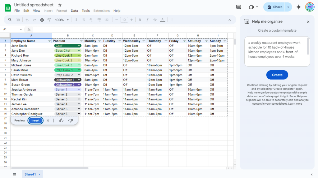 a generated employee schedule tempate in google sheets