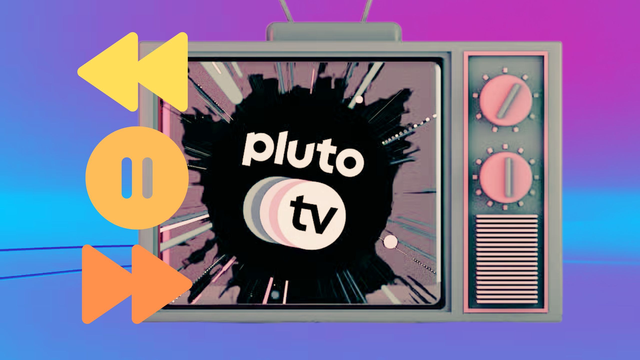 Pluto TV on a retro tv box with rewind, pause, and fast-forward. 