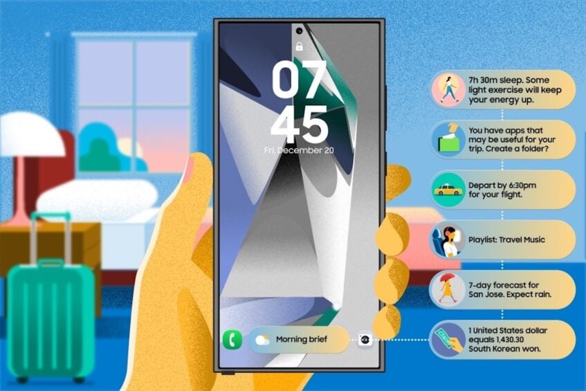 Illustration of hand holding Samsung phone with Now bar features outlined