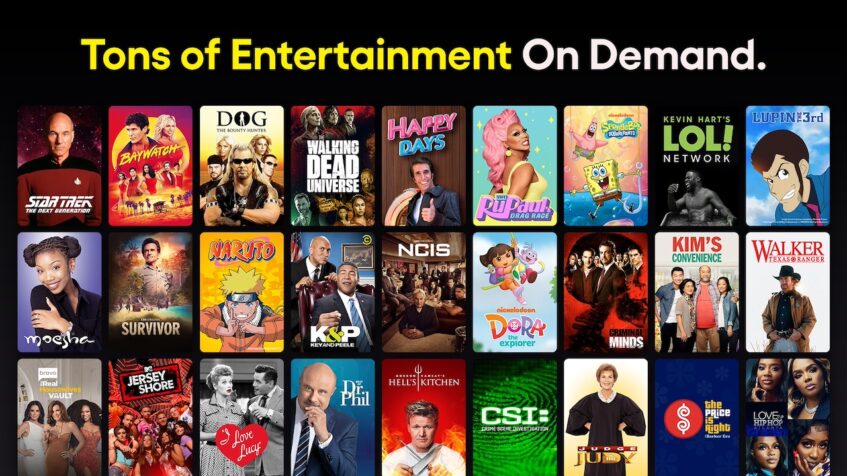 Different Pluto TV shows and movies arranged in grid format