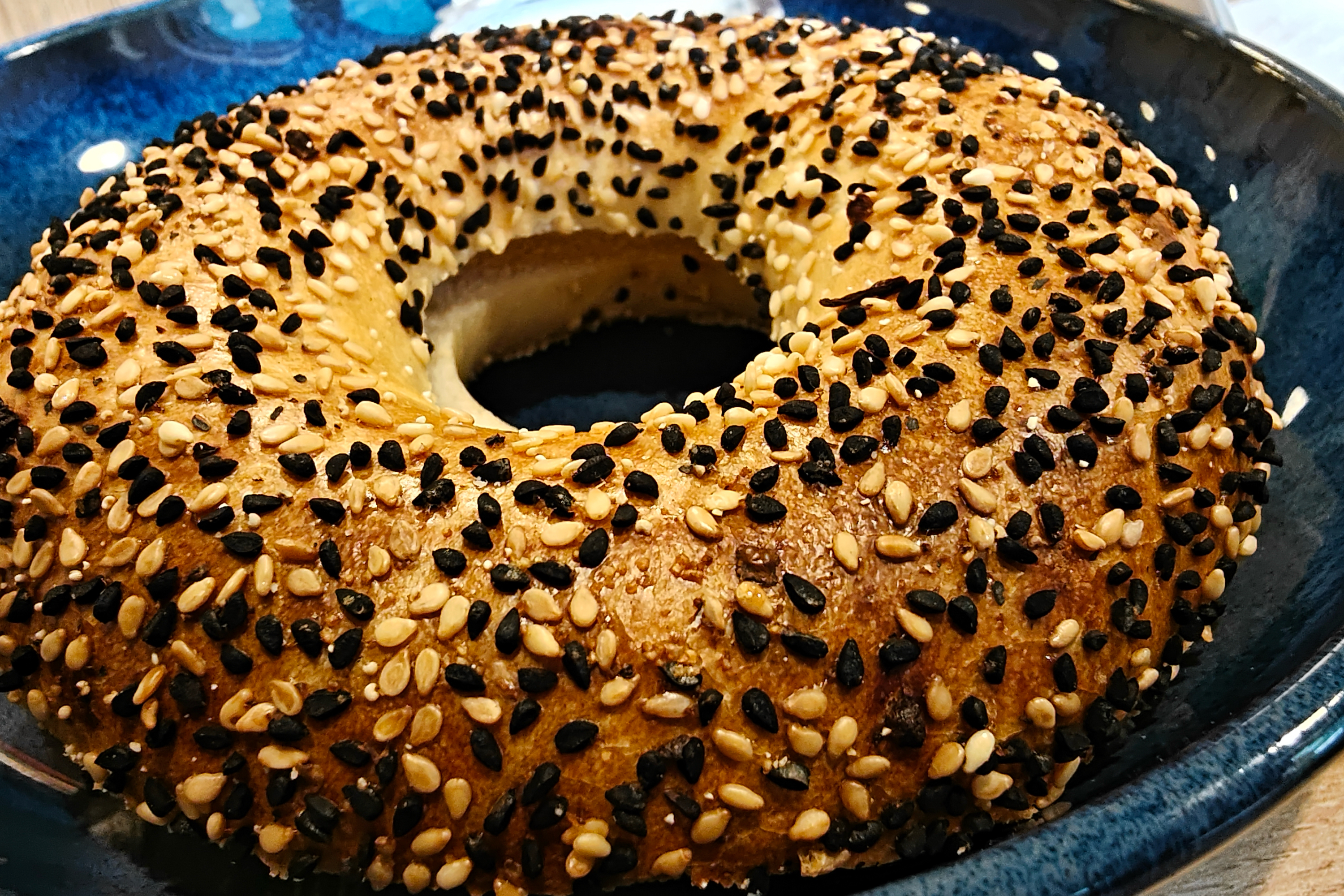 A sesame bagel resting in a blue plate.