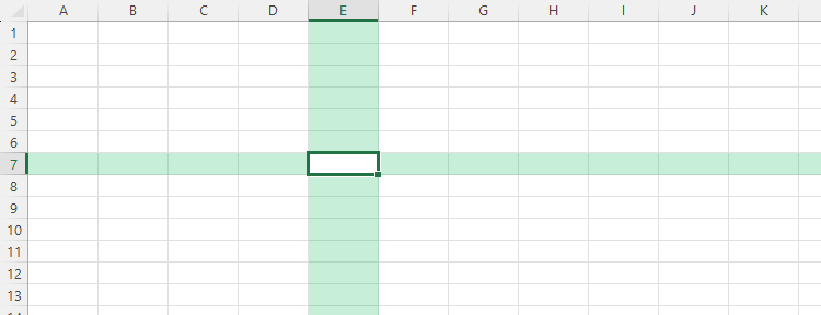 An Excel sheet with Focus Cell in use on the active cell, E7. Column E and row 7 are highlighted in a green shade.