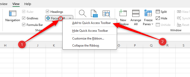 The 'Add To Quick Access Toolbar' option on Focus Cell in Excel is selected.