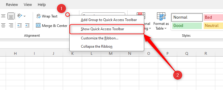 The 'Show Quick Access Toolbar' option in Microsoft Excel.