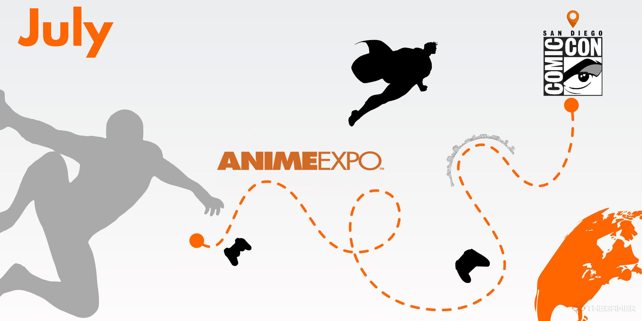 A silhouette jumping toward the logos for video game industry events in July 2025.