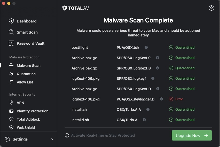 TotalAV6 results of TotalAV s malware scan and the application returning an error