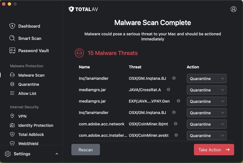 TotalAV10 TotalAV discovering an additional 15 malware infections on a follow up security scan