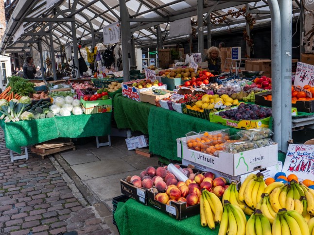 York, Yorkshire, UK - September 27 2024. Fresh fruit and vegetable market stall located in the Shambles market in the city centre