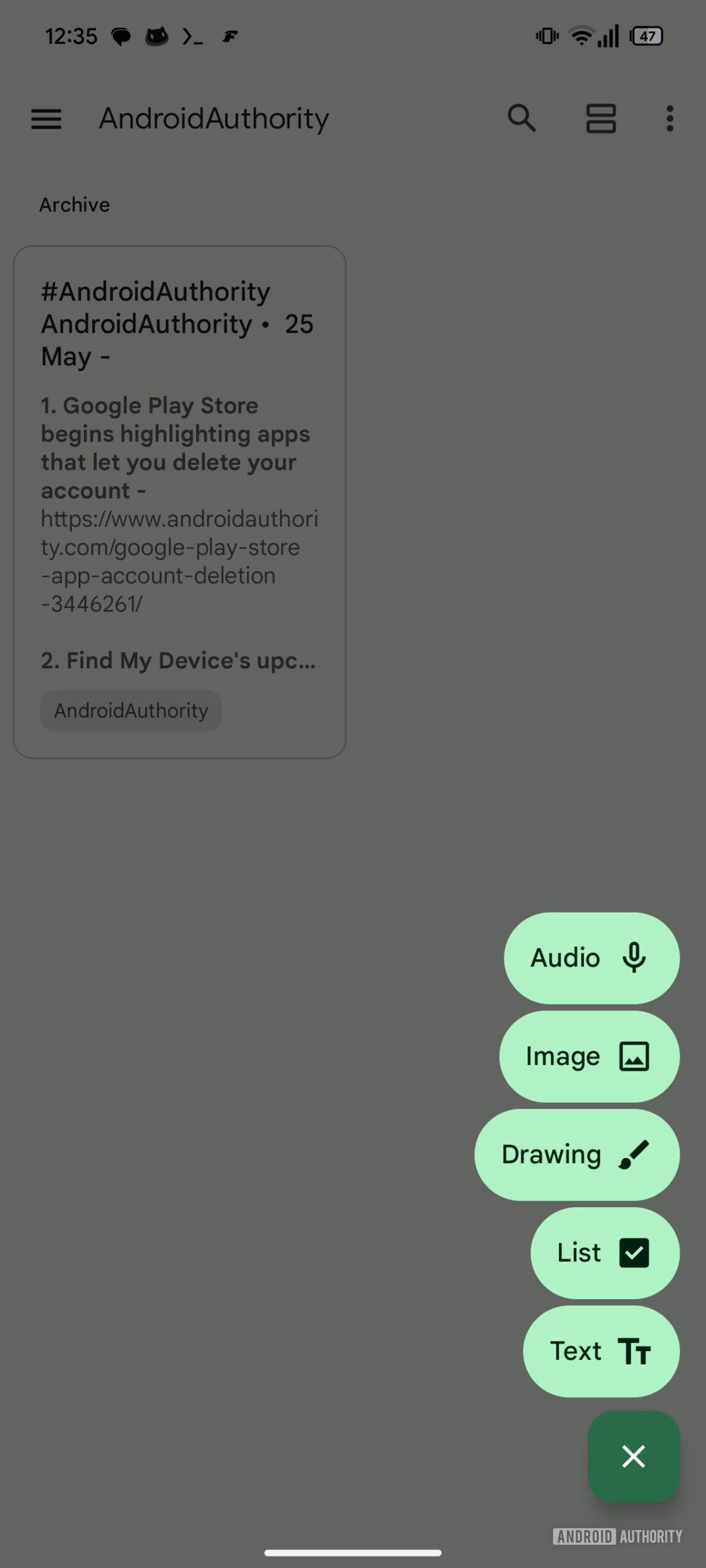 Google Keep FAB Audio shortcut