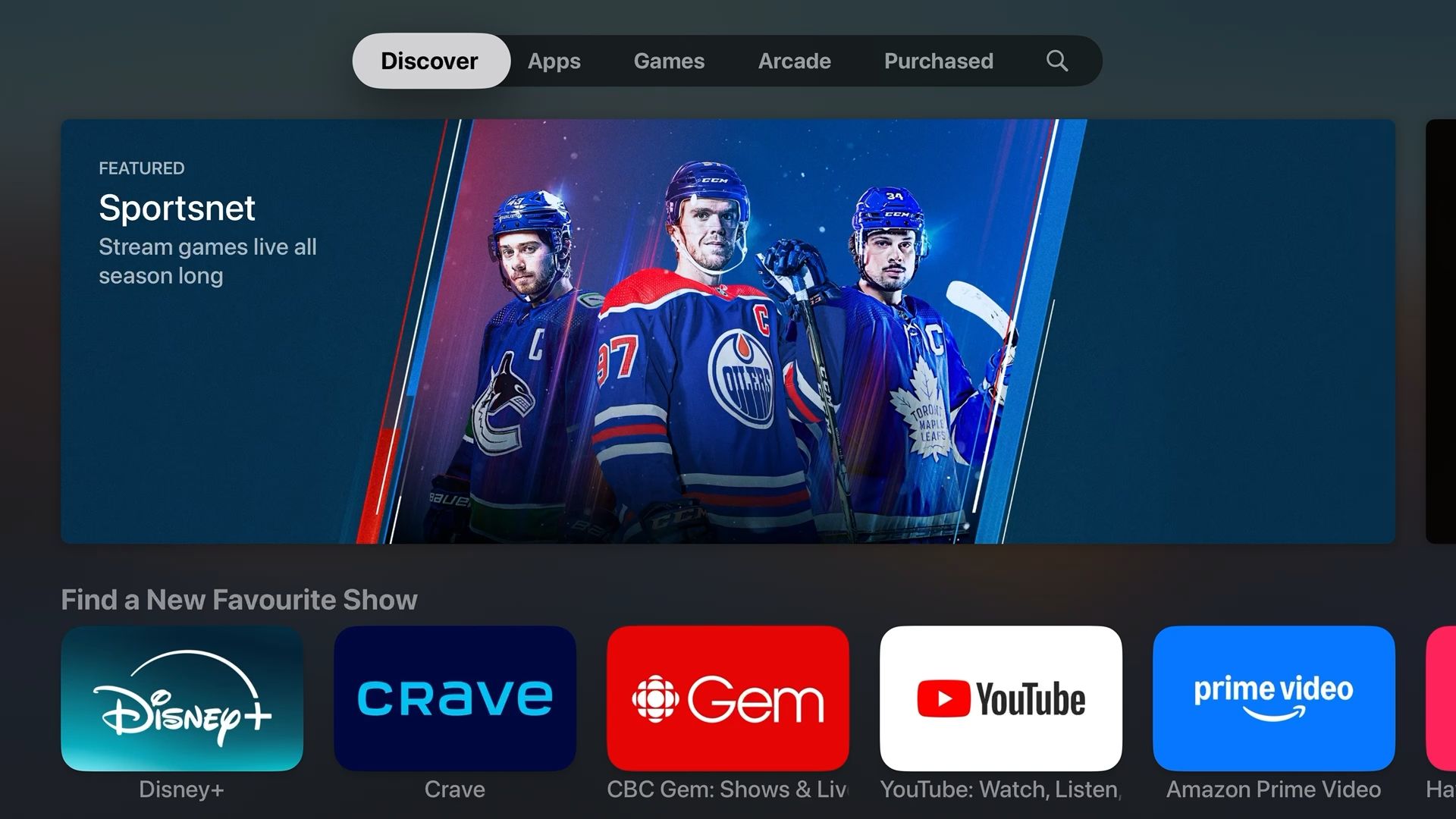 Screenshot of App Store on Apple TV 4K showing recommended apps including Sportsnet, Disney Plus, Crave, CBC Gem, YouTube, and Prime Video