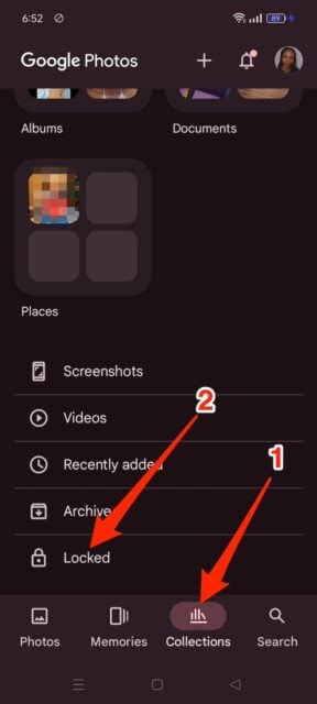 Selecting the Locked option in Google Photos Collections menu