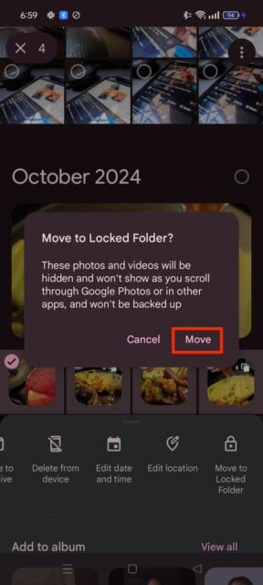 Confirmation pop up for moving pictures to Google Photos Locked Folder