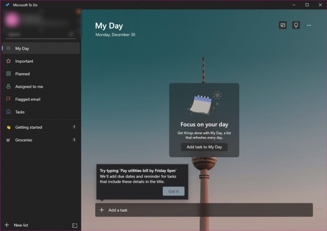 Microsoft To Do App open on "My Day" page.