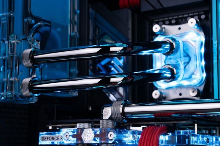 Maingear watercooling loop in a Rush PC at CES 2025.