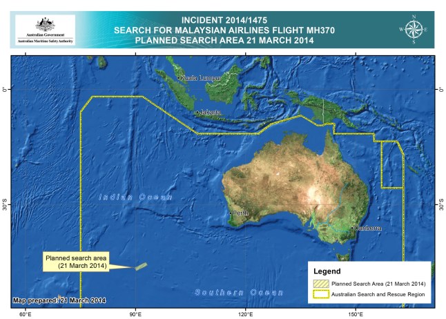 INDIAN OCEAN - This handout Satellite image made available by the AMSA (Australian Maritime Safety Authority) shows a map of the planned search area for missing Malaysian Airlines Flight MH370 on March 21, 2014. Australian authorities yesterday received satellite imagery that shows two large objects in the Indian Ocean that may be debris from missing Malaysian Airlines flight MH370. The airliner went missing nearly two weeks ago carrying 239 passengers and crew on route from Kuala Lumpur to Beijing. (Photo by AMSA via Getty Images)